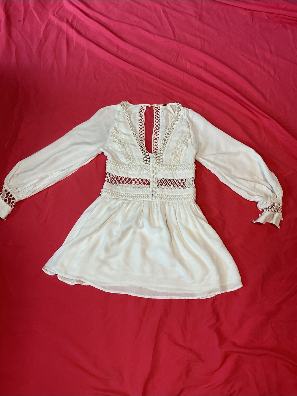 Free People Cream Crochet-Trim Long Sleeve Dress